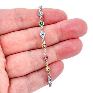 Vintage Turkey Sterling Silver 925 Multi-Color Evil Eye Bracelet 6.75"